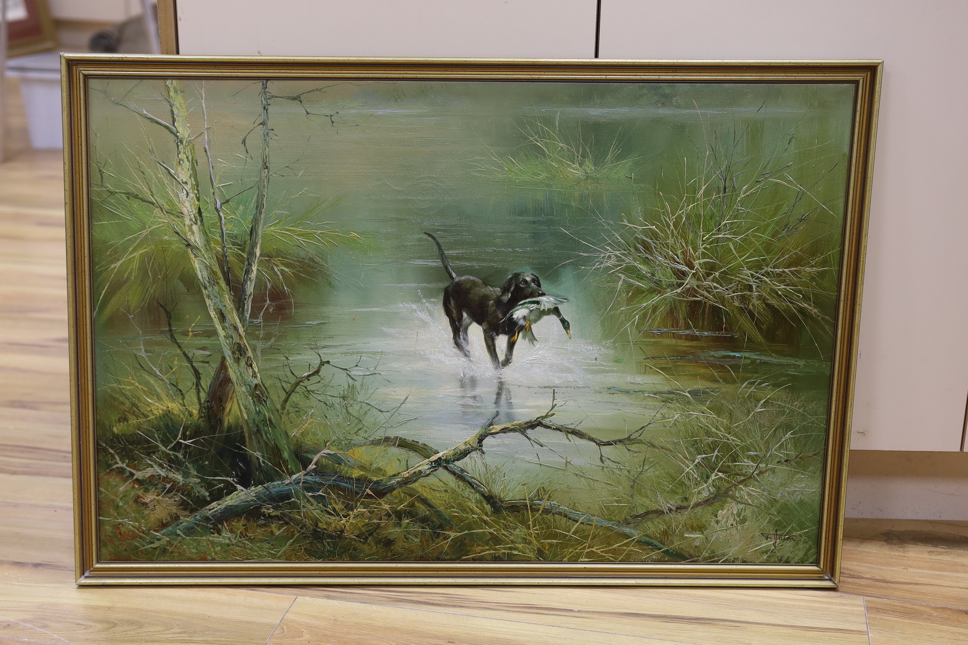 Jason, impressionist oil on canvas, Gun-dog with game, signed, 60 x 91cm